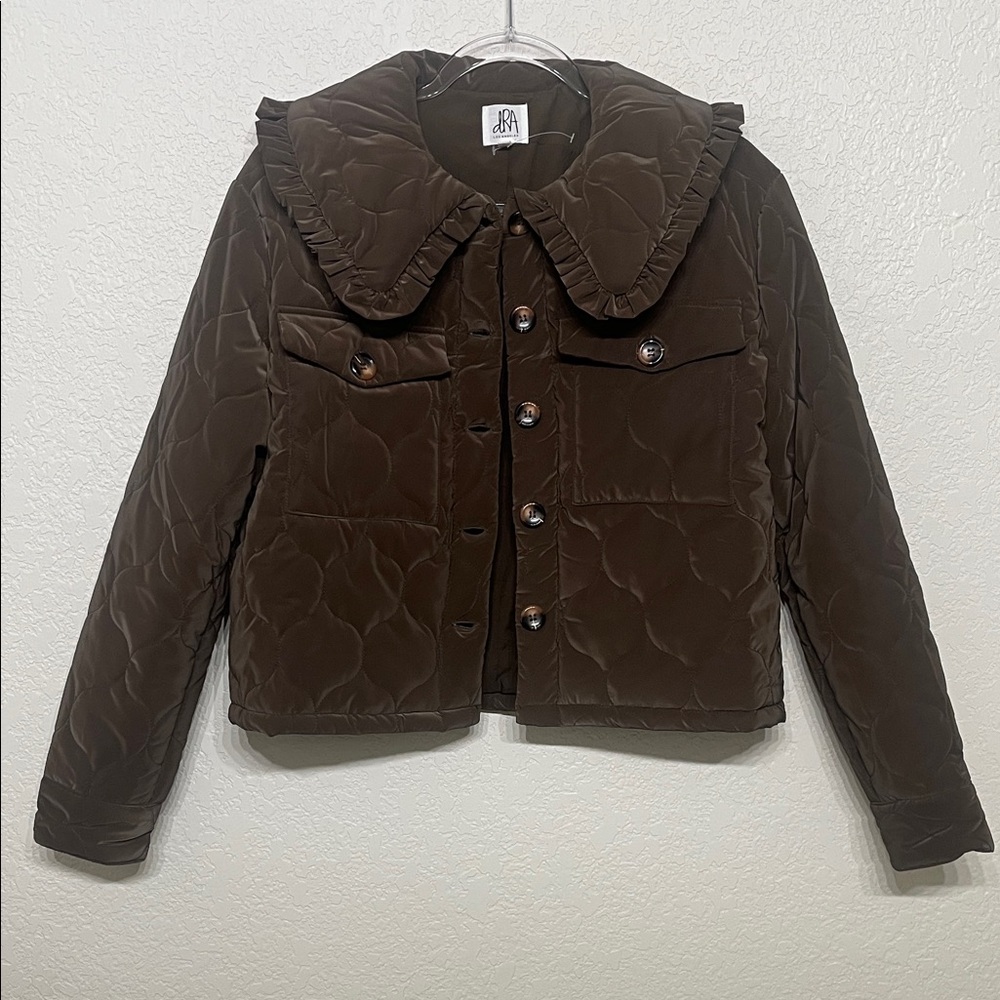 Brown Quilted Women’s Size Small Puffer Jacket with Ruffled Collar